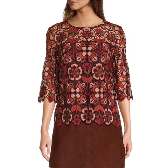 Trina Turk Tops - Trina Turk Colter Woven Geo Pattern Print 3/4 Sleeve Scalloped Lace Top XS